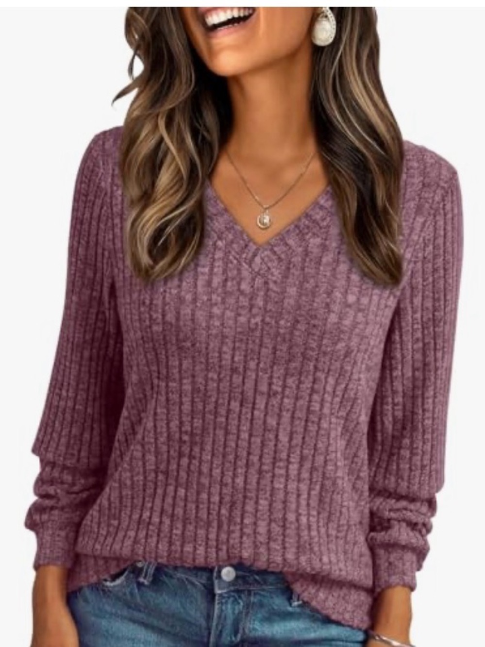 Ribbed V-Neck Sweater in Mauve - Women